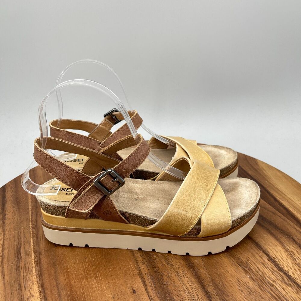 Josef Seibel Clea Sandals Womens Size 7 / 38 Yellow Bown Leather Casual Wedge